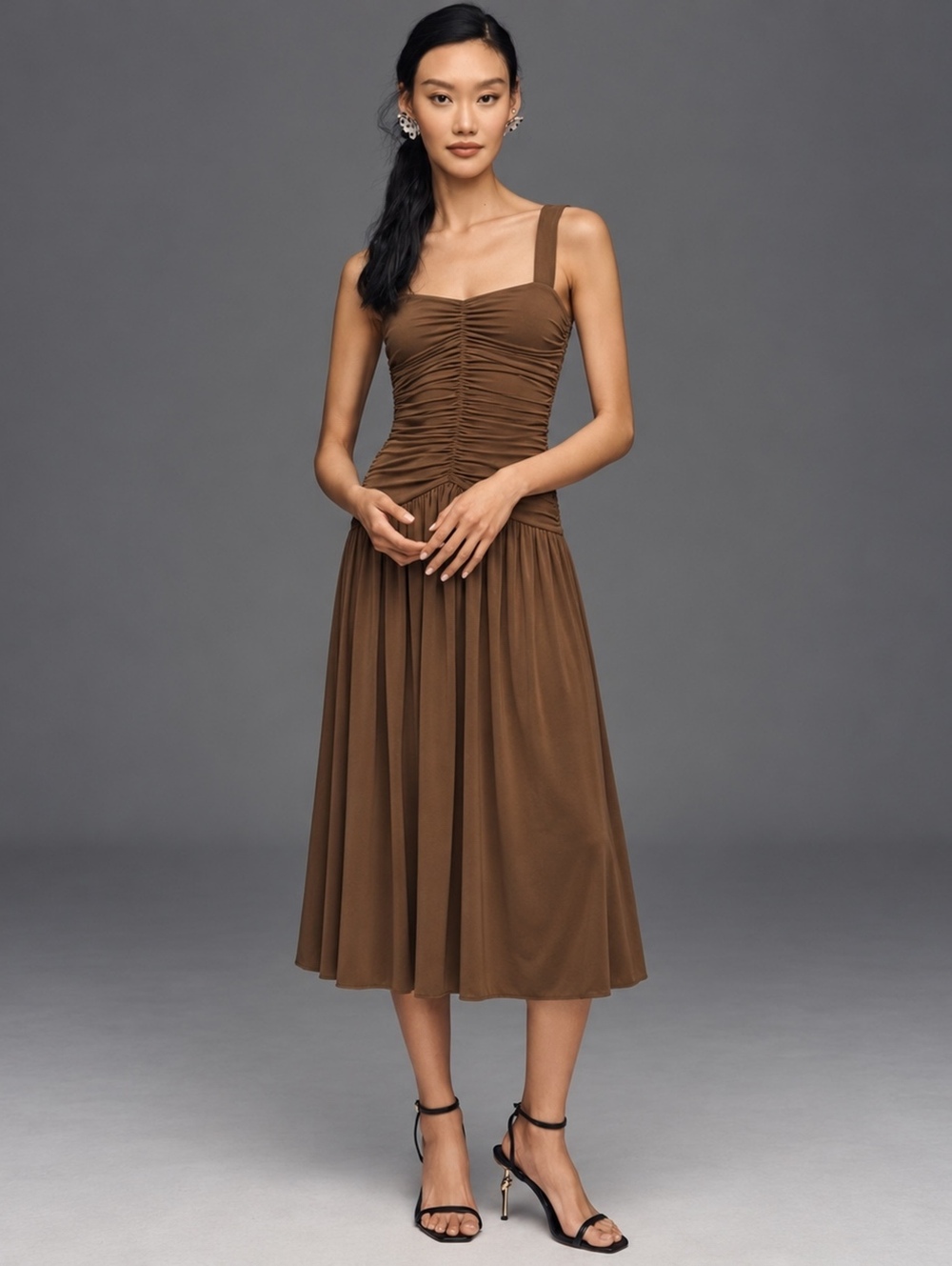 J.Crew Ruched Drop-Waist Bubble Midi Dress Liquorice Root Brown Medium NWT